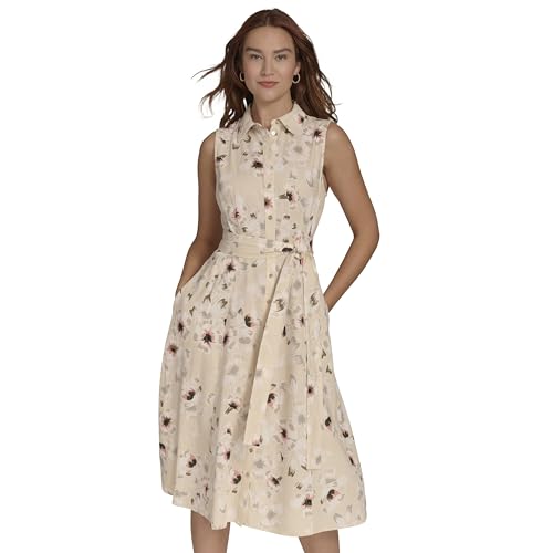 Image of Tommy Hilfiger Women's Sleeveless Collared Button Front Tie Waist Midi Shirt Dress