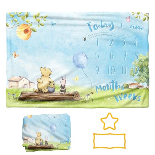Image of Baby Milestone Blanket - Blue Classic Winnie Monthly Milestone Blanket for Baby Boy Bear Soft Touch Photography Background Photo Backdrop for Newborn Baby Growth Chart 60" X 40"