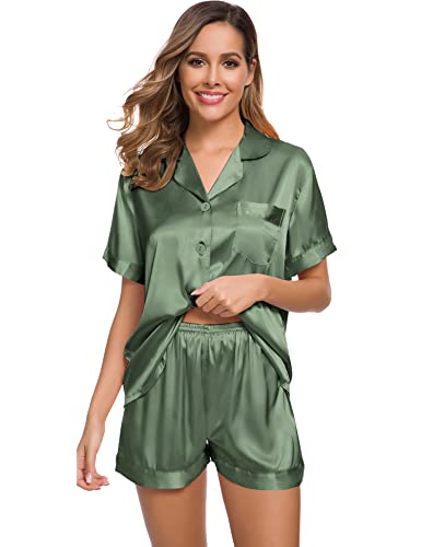Image of SWOMOG Womens Silk Satin Pajamas Set Short Sleeve Sleepwear Button Down Top and Shorts Loungewear 2 Piece Pjs Set XS-3XL