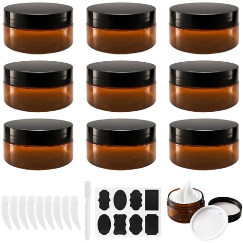 Ysimple 9Pcs Amber Plastic Cosmetic Jars, 80ml Sample Containers Pots Bottles with Black Screw Lid & liner, Empty Cosmetic Containers with Spatulas & Sticker (9Pcs-80ml)