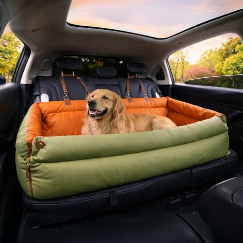 FUNNYFUZZY Leather Dog Car Seat for Large Size Dogs Cozy Pet Booster Seat with Safety Clip-On Leash Soft Fabric Car Dog Bed Filling Memory Cotton Washable Soft Cushion Travel Pet Bed(Green)