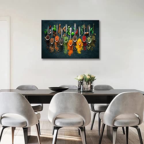 Image of Framed Large Kitchen Wall art Pictures Decor Couful Spice in Spoon Vintage Canvas Wall Art Food Photos Painting On Canvas Home Decoration Gift Ready to Hang 24x36inch