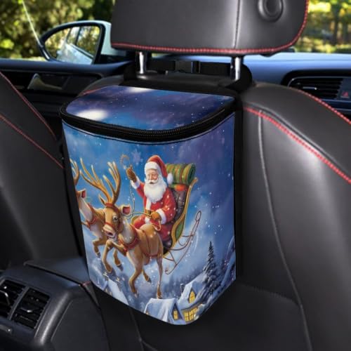 Image of Christmas Santa Claus Car Trash Can with Lid Proof Organizer and Storage Bag Car Garbage Can with Adjustable Straps for Cars Truck,SUV