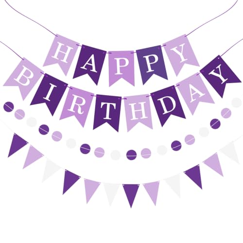 Image of Purple Happy Birthday Banner Hanging Sign Circle Dot Triangle Bunting
