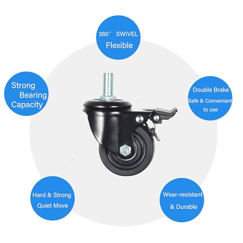 Heavy Duty Casters, M16x30mm Stem Casters Low Gravity Center Swivel Castors 3000lbs Load Heavy Capacity Caster Wheels Set of 4 for Industry, Workbench etc (2.5 Inch, 4 with Brakes) by YEWEKE - Used condition - Image 4