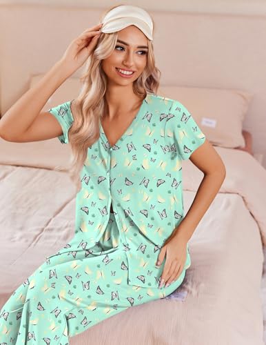 Image of Ekouaer Women's Pajama Sets Short Sleeve Sleepwear Button Up Pj Loungewear Top and Capri Pants with Pockets