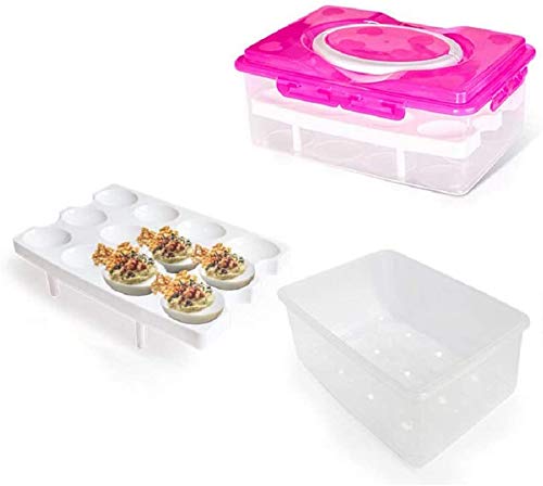 Hotumn 2 Tiers Deviled Egg Containers With Lid & Holder Plastic Egg Holders Clear Egg Tray Egg Carrier Fridge Freezer Food Storage (Pink) 24 Eggs #TOP6