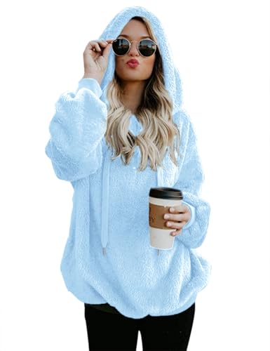 Romanstii Oversized Sweatshirt for Women Casual Double Fuzzy Hoodie Long Sleeve Casual Sweater Faux Fleece Zip Pullover, Blue XXL