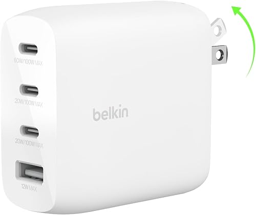 Belkin Bloque de cargador GaN de 4 puertos de 112 W, entrega de energía USB-C de carga súper rápida y puerto USB-A - MacBook, Samsung Galaxy S25,