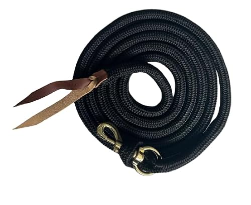 Black Horse Halter And 10 Ft Lead Rope Bundle -Clinician Approved - Yacht Braided Rope With Perfectly Placed Knots & Leather Popper - Easy Clip Brass Hardware #TOP1