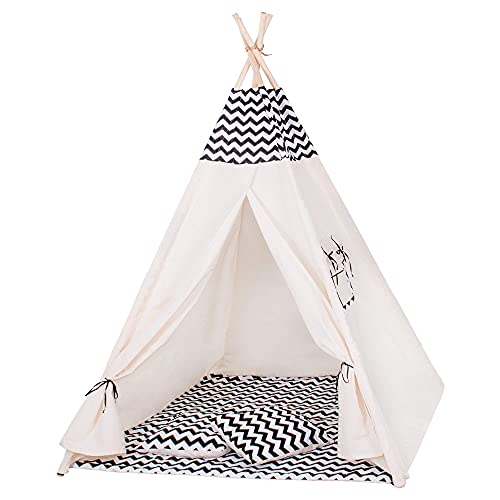 Tente Tipi Enfants SPRINGOS Avec Tapis Et Coussin 160x120x100 Cm - Cabane De Jeux Coton