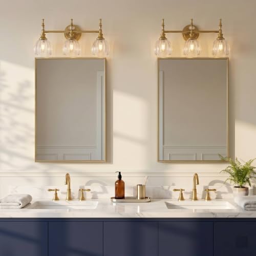 Image of ANDY STAR 3-Light Brushed Gold Bathroom Vanity Light, Transitional Sconce | Ribbed Glass & Crystal Accent, Damp-Resistant, Heat-Resistant E12 Base, Reversible Up /Down Mounting