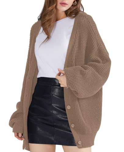 Image of QUALFORT Women's Oversized 100% Cotton Cardigan Sweater | Long Sleeve V Neck Button Down Open Front Knit Outerwear