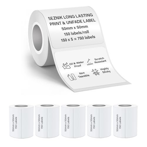 Image of SEZNIK Waterproof, Non-Tearable, Sticky Thermal Lables, Label Roll, 2 inch Adhesive Thermal Labels for Label Printers (50mmx50mm - 750 Lables), 150 Labels