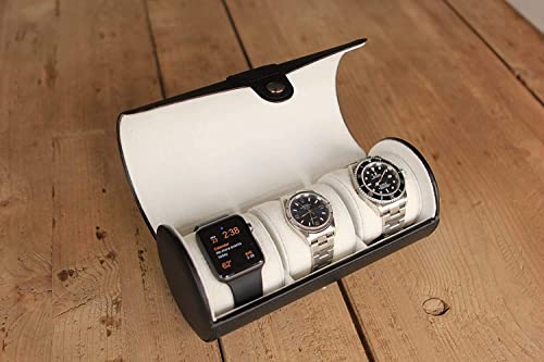Image of Premium 3 Slot Watch Keeping Box for Men Women PU Leather Watch Organizer Round Case Watch Holder Pouch for Travel with Lock and Cushion - Black - Pack of 1