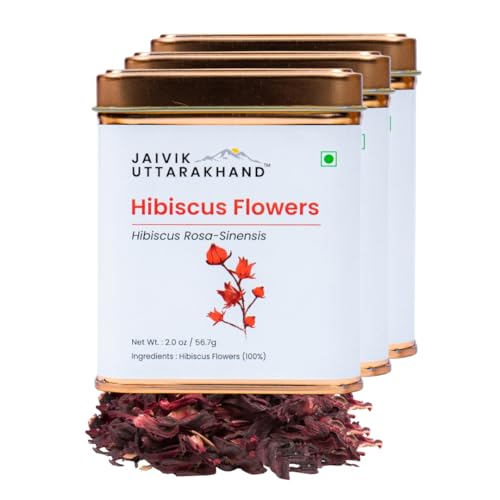 Image of Jaivik Uttarakhand - Dried Gudhal Hibiscus Flower Tea (170.1 g), Caffeine-Free, Antioxidant-Rich, Enhances Fat Metabolism, Non GMO, Pack of 3 Tin Box