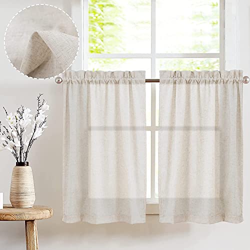 jinchan Beige Kitchen Curtains Linen Tier Curtains 24 Inch Farmhouse Cafe Drapes for Small Window Flax Country Rustic Rod Pocket Bathroom Laundry Room