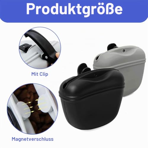 EIHI 2 Stück Leckerlitasche für Hunde, Futterbeutel Hundetraining, Hunde Futterbeutel für Hundetraining mit Clip Magnetverschluss in Silikon für Außenbereich,Schwarz und grau