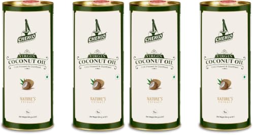 Image of Chekko Cold Pressed Virgin Coconut Oil 2 Litre | 100% Pure Natural Wood Pressed | Unrefined Virgin Edible Coconut Oil for Cooking, Baking, Massage, Hair & Skin Care | Premium Food-Grade Metal Tin Pack (1 Litre*Pack of 4)