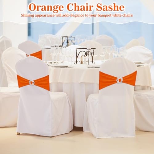 VitalCozy 100 Pcs Spandex Chair Sashes with Crown Buckle Slider Stretch Chair Bands Cover Ties for Wedding, Banquet, Gala, Corporate Event, Birthday Party, Baby Shower(Orange) by VitalCozy - Image 5