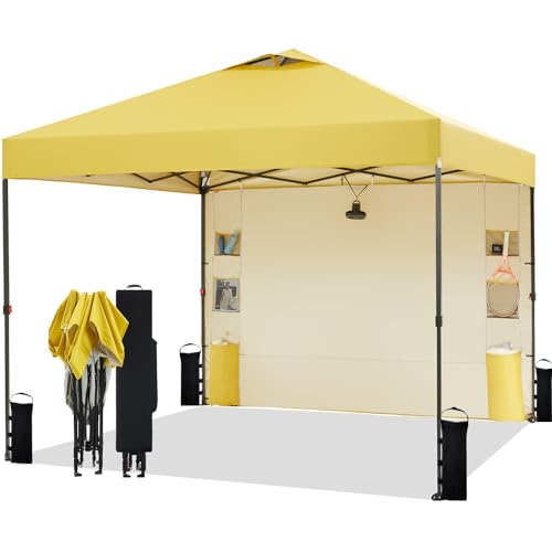 Tunbne 10'x10' Pop Up Canopy Tent with 1 Sidewall and 6 Pockets, One Push Setup, Instant Shade Tent with Vented Roof for Beach Patio Outdoor, Case, 8 Stakes, 4 Ropes, 4 Sandbags (Yellow, 10x10) by Tunbne - Used condition - US$99.74