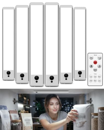 Image of EZVALO 6 Pack Under Cabinet Lights, 14.5'' Magnetic Motion Sensor Light, 4000mAh Rechargeable Closet Light with Remote & Timer, Dimmable 5700K Cool White for Kitchen, Closet, Stairs, Hallway