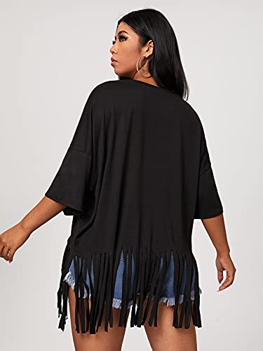 Soly Hux Women's Plus Size Fringe Hem Half Sleeve Tee Casual Summer T Shirt Top Black 2Xl #TOP1
