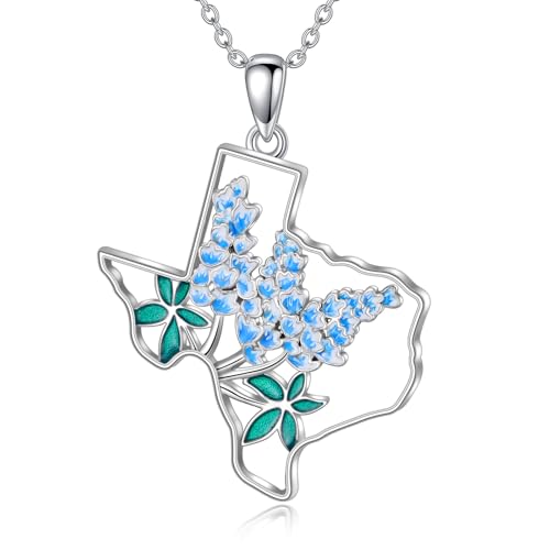 Texas Necklace 925 Sterling Silver Texas State Map Flag Pendant Hometown Bluebonnets Jewelry Texas Gifts for Women Love TX