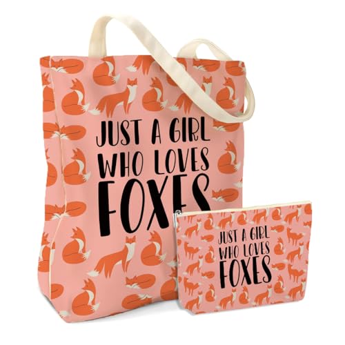 Cute Fox Decor Stuff Fox Gifts 2PCS Cosmetic Bag Canvas Tote Bag Beach Bag with Pocket Makeup Bags for Animal Foxes Lovers Girls Sister Coworker Friend Female for Christmas Birthday Friendship Gifts