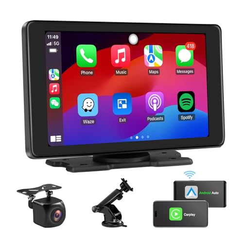 VEKOOTO Carplay Screen for Car, Wireless 7 Inch Portable 2.5k Car Touch Android Auto Screen Car Play Box Based on Android Operating System, with 1080p Backup Camera AT7