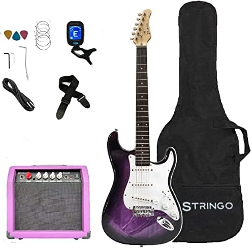 Purple Electric Guitar Beginner Kit Full Size 39 Inch Set Includes Tremolo Guitar, 20W Amplifier 3 Picks, Shoulder Strap, Tuner, Bag Case