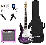 Purple Electric Guitar Beginner Kit Full Size 39 Inch Set Includes Tremolo Guitar, 20W Amplifier 3 P