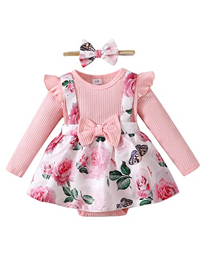 Highuzza Baby Girl Clothes Newborn Dress Infant Romper Outfits Jumpsuit Clothing Suspender Headband Overall Skirt Set Winter Fall 0-3 Month Pink #TOP14