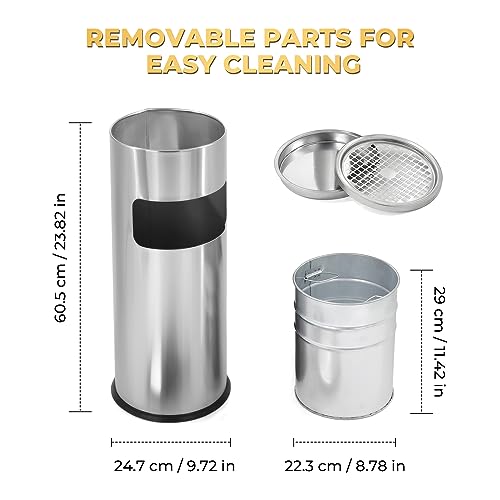 POWLAB Trash Can Outdoor Waste Container Round Stainless Steel Trash Can with Removable Inner Bucket for Disposal Commercial Waste Container 9.8‘’ x 24‘’- Silver by POWLAB - Image 2
