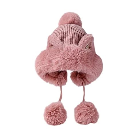 Women Cute Faux Fur Knit Beanie with Pom Pom Winter Fleece Warm Cat Ear Skiing Hat, D170-pink, One Size Cover