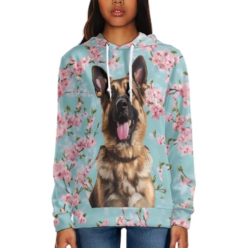 WELLFLYHOM Sweat à capuche à manches longues avec cordon de serrage pour femmes, adolescentes, filles, pull à capuche, taille XS à 4XL, Un berger allemand en fleurs de cerisier, XX-Large – vue 2