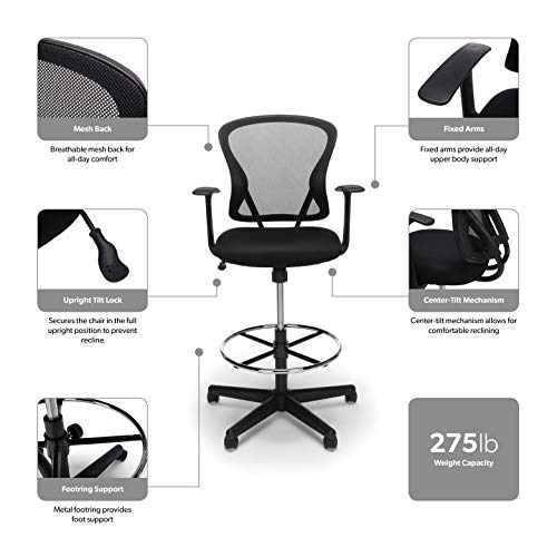 OFM ESS Collection Mid Back Mesh Chair, Drafting Stool, Black