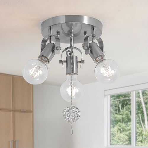 SEEBLEN 3 Light Flush Mount Ceiling Light with Pull Chain, Industrial Kitchen Ceiling Light with Rotatable Light Head,Nicke Pull String Light Fixture for Bedroom Hallway Kitchen Laundry