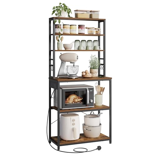 VASAGLE Baker's Rack with Power Outlet, Coffee Bar for Kitchen with Storage, 6-Tier Kitchen Shelves with 6 Hooks, Microwave Stand, 40 x 60 x 167 cm, Rustic Brown and Ink Black KKS124K02