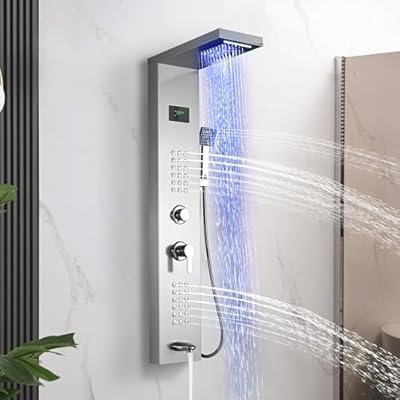 DELAVIN LED Stainless Steel Shower Panel Tower System, Wall-Mount Shower Panel with Rainfall Waterfall Shower Head, Massage Body Jets, Tub Spout, Handheld Shower, Brushed Nickel
