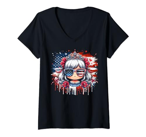 Mujer Princess Anime American Flag USA Girls 4th Of July Fourth Camiseta Cuello V