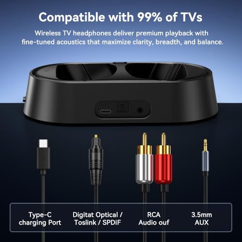 Image of Swiitech Wireless TV Headphones with Charging Dock, 45H Playtime, Black | Bluetooth 5.3, 100ft Long Range, Clear Voice, No Audio Delay, Plug & Play Over-Ear Headset for Seniors