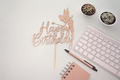 Tinker Bell Happy Birthday Cake Topper, Fairy Tinkerbell Disney Princess Girls Birthday Party Cake Decorations, Rose Gold Glitter #TOP6