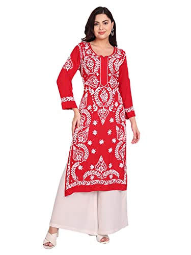 Image of indiankala4u Women's Hand Embroidered Chikankari Kurta for Women | Modal Cotton Straight Kurti | Lucknowi Chikan Work Ethnic Kurta | Full Sleeve Festive Office Wear