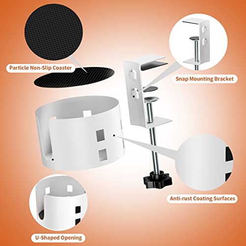 Upgraded Large Desk Cup Holder Clamp, Anti-Spill Cup Holder for Table, Durable 5 Adjustable Directions, Metal Office & PC Gaming Desk Accessories, Enough to Hold Coffee Cups, Water Bottles, White