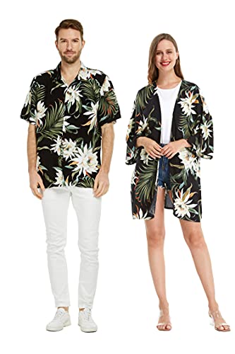 Matchable Couple Hawaiian Luau Shirt or Kimono in Wispy Cereus Black, Women Kimono, One Size