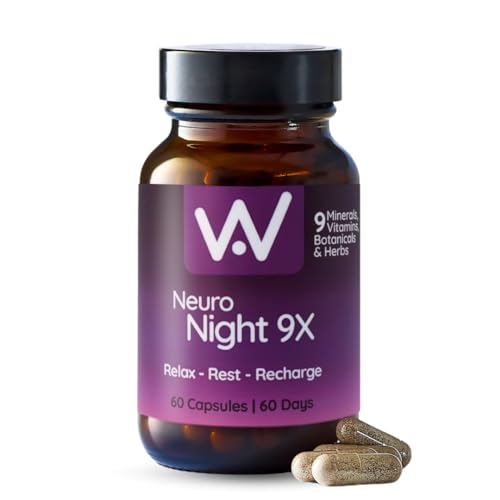 WELL ACTUALLY Neuro Night 9X - Ultimate Sleep Aid Supplement, Relax & Unwind, Stress Relief with Griffonia, Montmorency Cherry, Schisandra, Magnesium & Zinc, Chamomile, Reishi, Hops, VIT B6 (60 Caps)