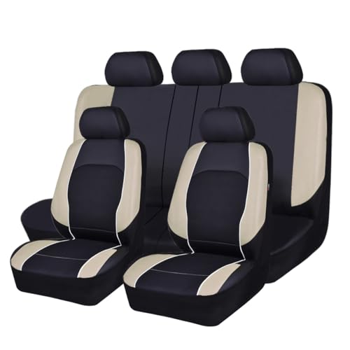 HORSE KINGDOM Leather Car Seat Covers, 3D Air Mesh Universal Seat Cover Full Set for Truck,Suvs,Sedans,Breathable Faux Leather with Airbag(Black and Beige)