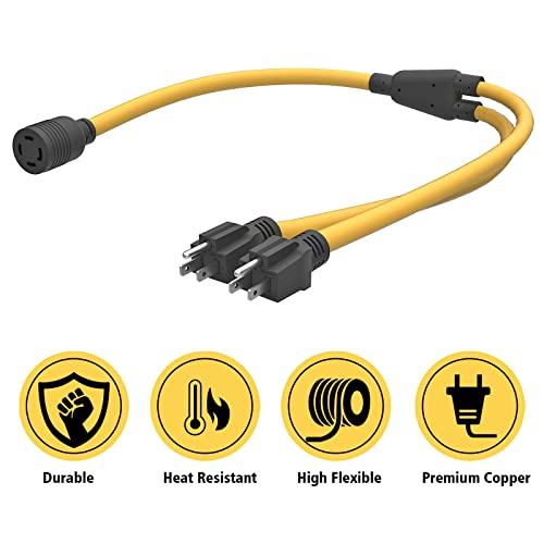 2X 5-15 Plug Male To Generator Twist Lock L14-30 Receptacle Female Y Adapter Cord Stw 3 Feet 120V/240V 30 Amp Generator Welder Dryer Power Cord Adapter #TOP5