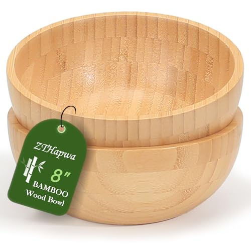 ZTHapwa Bamboo Salad Bowls, 8 Inch Big Round Bamboo Wooden Bowls for Salads/Fruits/Pasta/Vegetables, 49 Fl oz Handcraft Serving Bowl for Entertaining and Party, Rustic Home Decor Set of 2